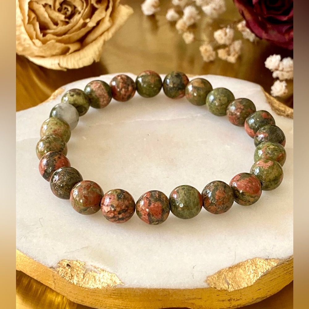 Natural Unakite Hand Beaded Stretchable Bracelet